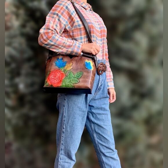 Genuine Distressed Leather Relief Floral & Butterfly Embossed Satchel/Crossbody - Picture 6 of 16